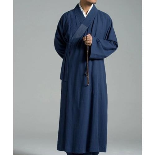 Unisex Summer washing Cotton&linen Buddhist monk robe lay meditation suits martial arts kung fu uniform dark Blue