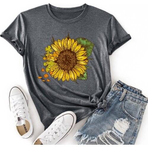 Graphic Sunflower Print Top Tee Cotton Short Sleeve T Shirt Floral Woman Tshirts 2021 Summer Women T-shirt