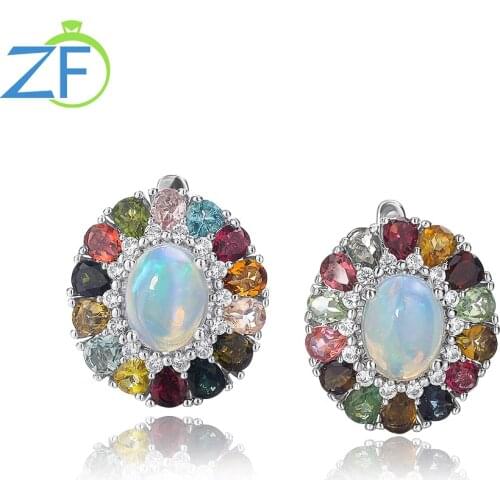 GZ ZONGFA Vintage Natural Opal Round Multicolor Small Flower Korean Jewelry Silver Wedding Studs Earrings For Women
