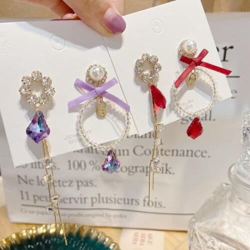 Elegant Korean Asymmetric Circle Crystal Bowknot Drop Earrings For Women Girls Fashion Long Earings Jewelry