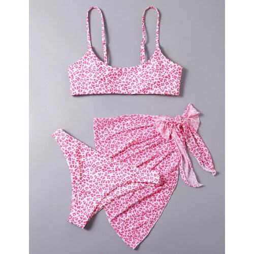 Sexy Pink Leopard Print Bikini Set Women Halter Cut Out Push Up Padded 3 Piece Swimsuit Beach Bathing Suit Skirt Thong Swimwear