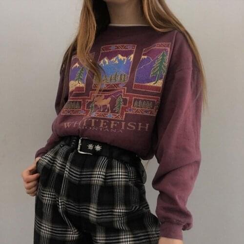 B-TOTO American Retro Grape Purple Print Hoodless Sweater Women Tide Ins Thin Round Neck Top 2021 Fashion