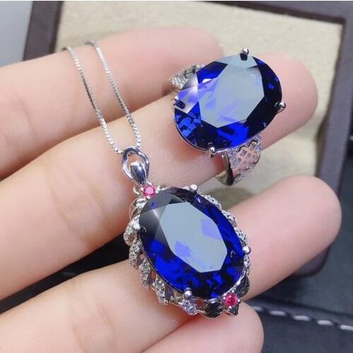 100% Natural and Real Real Natural Sapphire jewelry set Natural Real Sapphire 925 sterling silver 1pc pendant,1pc ring