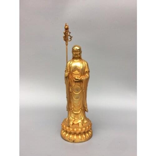 13" Tibet Buddhism Temple Old Bronze Gilt Ksitigarbha Bodhisattva Buddha Statue Holding nine-ring tin rod in hand Amitabha