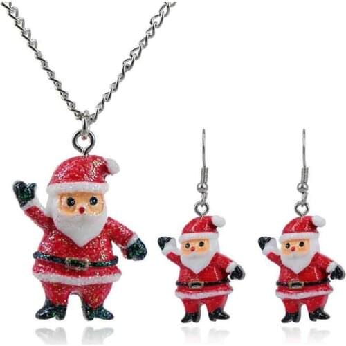 2020 Fashion Christmas Costume Jewelry Set Cute Enamel Crystal Santa Claus Pendant Necklace Earrings For Women Girls Gift