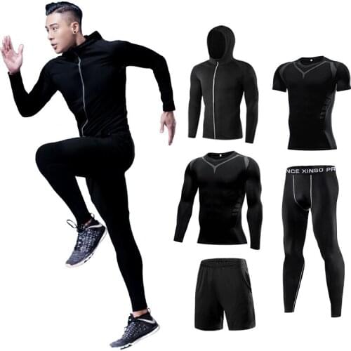 Queshark Men Running Sports Suit Set Fitness Compression Tracksuit Jogging Sportswear Exercise Workout Tights Gym Clothes Suit