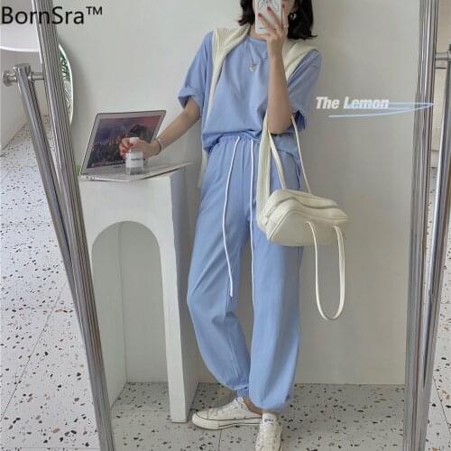 Bornsra 2021 Spring and Summer The Lemon Han Edition Pure Color Elastic Waist Short Sleeve T-shirt Casual Pants Suit