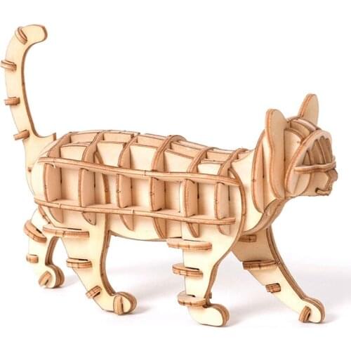 Wooden 3D Puzzle Cute Cat Model Educational Toys Assembly Wood Desk Decoration for Children Kids Gift