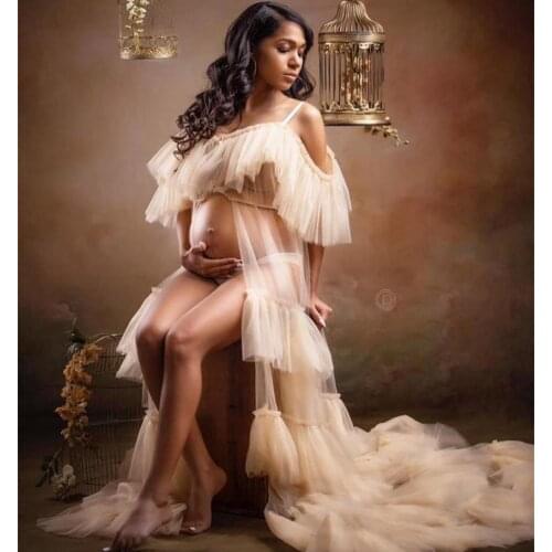 Champagne Maternity Gowns for Photoshoot Tiered Skirts Pregnant Women Gowns with Ruffles Lingerie Bathrobe Nightwear Babydoll