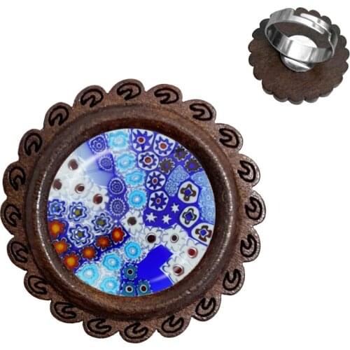 Murano Millefiori Wood Rings MultiColour Flower 20mm Glass Cabochon Adjustable Ring For Women Men Gift Wholesale
