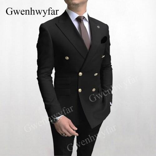 Gwenhwyfar Handsome Black Suits for Men with gold button Double breasted Blazer Peak Lapel Slim Cut Pants 2 Pieces Party Dressed