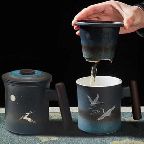 Creative Classical Ceramic Chinese Art Style Ceramic Mug Beautiful Crane And Deer Afternoon Black Tea Cup With Filter