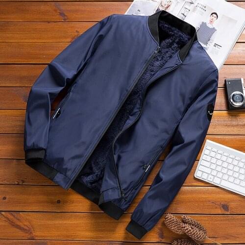 Plus Velvet Thick Jacket Men Autumn Winter Fashon Casual Solid Mandarin Collar Zipper Mens Bomber Jacket Ropa De Hombre