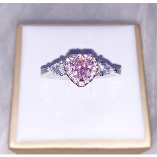 Fashion Heart Shaped Pink Zircon Crystal Ring Elegant Temperament Feminine Valentines Day Romantic Gift