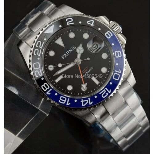 Parnis 40mm Orange GMT Black semi-circle and blue semi-circle Ceramic Bezel sapphire automatic wrist watch mens
