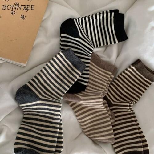 Socks Women Striped Fashion Simple Female College Daily Cotton Breathable Trendy Ins Newly Couple Artistic Spring Design Ulzzang