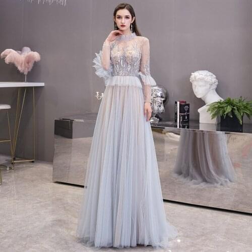 New Fashion A Line Long Sleeves Evening Dress O-Neck Delicate Beaded Light Blue Tulle Evening Party Gown Special Occasion