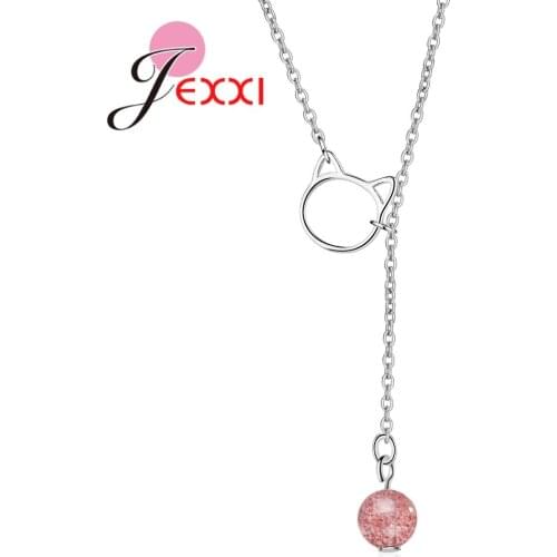New Arrival Cute Cat Ears Thin Chain Necklace 925 Sterling Silver Necklace With Round Pink Crystal Women Girls Jewelry