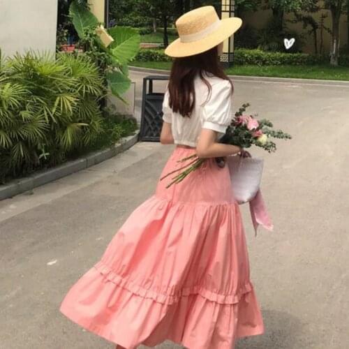 2020 Autunm High Waist Korean sweet pink Skirts Women Vintage cotton linen Skirt Ladies Summer Maxi Skirt plus size 5XL 6XL 7XL