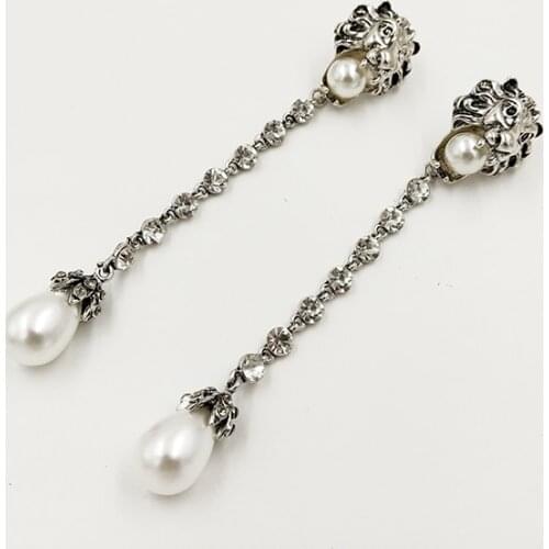 Rongho Vintage Metal Lionhead Earrings for Women Pearl Drop Earring Hiphop Crystal Tassel Earring Pendant Femme Brincos Charms