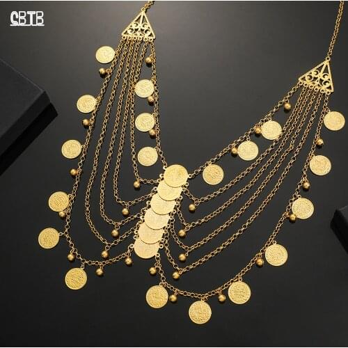 Luxury Top Fashion Long Women Pendant Necklace Muslim Islamic Coins Gold Plated Unfading Middle East Wedding/Holiday Gifts