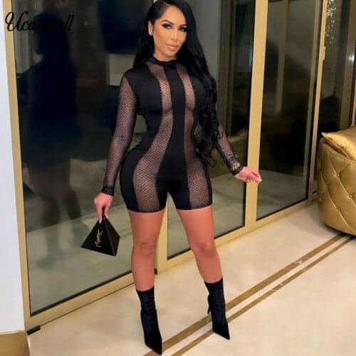 Sexy Printed See Through Skinny Jumpsuit Womens Sheer Mesh Perspective Patchwork Short Pants Romper Overalls Club Party