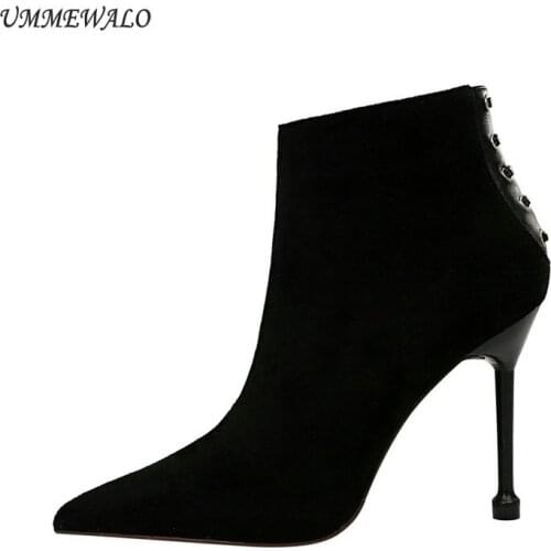 UMMEWALO Ankle Length Flock Boots Women Fashion Pointed Toe Thin Heels High Heel Shoes Winter Ankle Boots Ladies Shoes 663-1