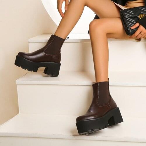 Autumn Winter Ladies Chelsea Boots Comfortable Elastic Slip On Short Boots Fashion Stitching Thick Heel Platform Womens Shoes