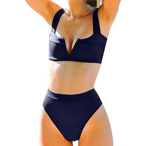 Women Wide Straps Padded Bandeau Bikini Set 2020 High Waist V-Neck Solid Bathing Beachwear Brazilian Biquini 2 colors Wholesale