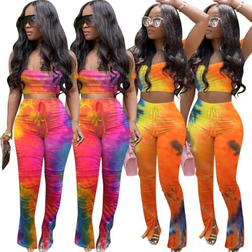 2020 Summer Women 's Tie Dye Print Suit High Street Variegated Gradient Belly Top Pants Long Trousers Woman Two Pieces Outfits