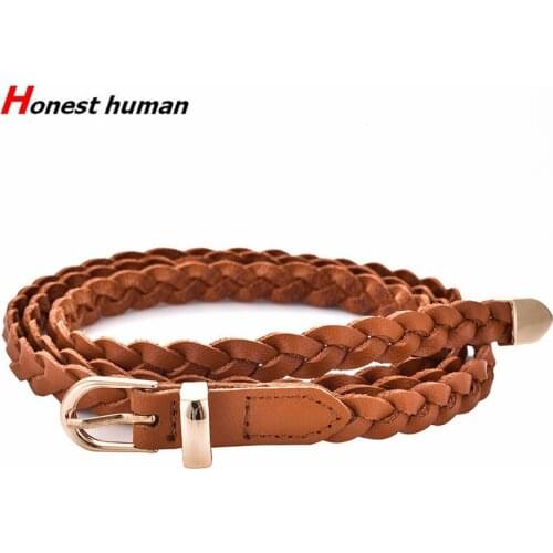 8mm Women Genuine Leather Braided Belt Handmade Knitted Thin Belts For Dress Jeans Knotted Weaving Pin Buckle Casual Waist Strap