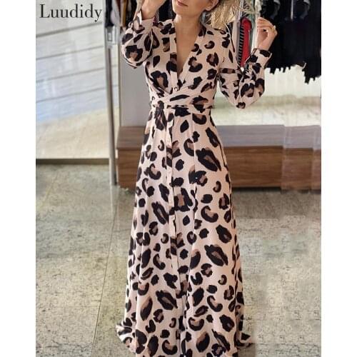 Women Leopard Print Button Design Maxi Dress 2020 Autumn Elegant Beach Vacation Dress