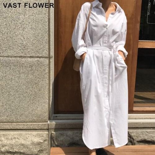White Bandage Lapel Long Sleeve Shirt Dresses For Women Spring Autumn Clothes Fashion Pocket Sashes Loose Casual Dresses 2021