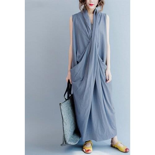 Women Dress Vestidos V Neck Sleeveless Solid Cotton Linen Loose Party Beach Dress Robe Casual Dresses Plus Size Womens Clothing