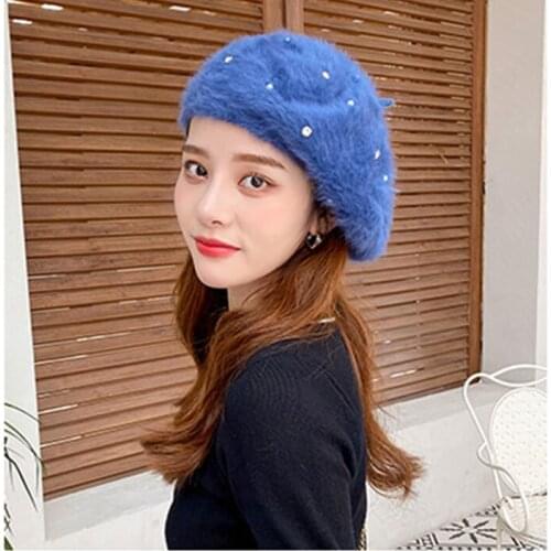Winter women casual thick Faux mink fur beret cap Lady girl warm berets hat Rhinestone pearl Hip hop Artist pumpink hats gorros