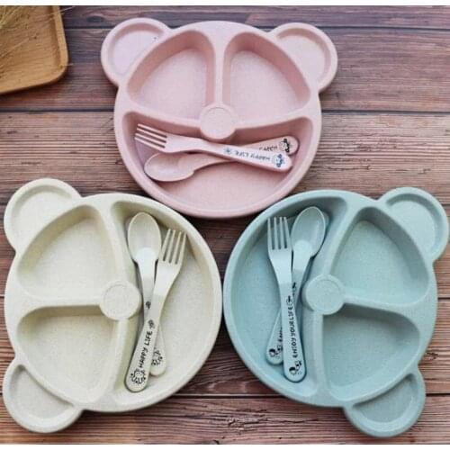 100set Baby bowl+spoon+fork Feeding Food Tableware Cartoon Bear Kids Dishes Eating Dinnerware Anti-hot Training Dinner Plate SN