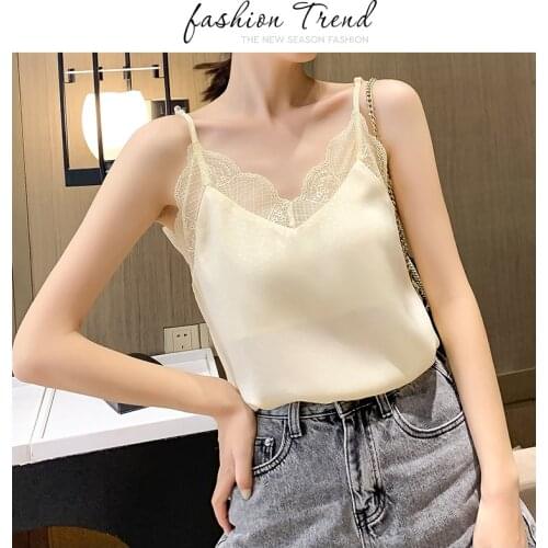2021 Satin Chiffon Silk Tops Women Sexy Wave point Lace edge Sleeveless Halter Basic Cami Summer Elegant Chic Female Camisole