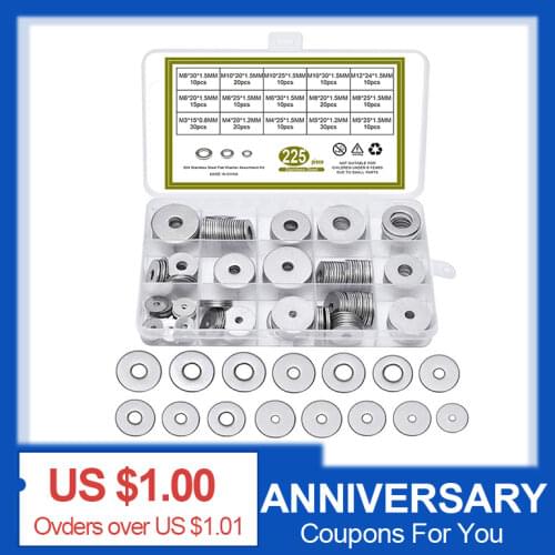 225pcs Big Flat Washers Set 304 Stainless Steel Large Size Gasket non-standard Plain Washer GB97 M3 M4 M5 M6 M8 M10 M12 Kit