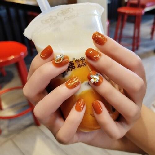 24pcs New Design Short Yellow Pumpkin Gold Foil False Nails Artificial Diamond Nail Tip Decoration UV Nail Glitter Manicure