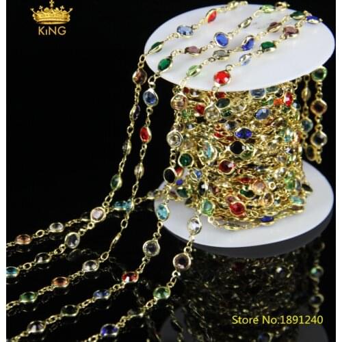 5meters 6mm Faceted Coin Glass Beaded Chains Jewelry,Wire Wrapped Colorful Glass Plated Gold Copper Links Rosary Chain Bulk JH08
