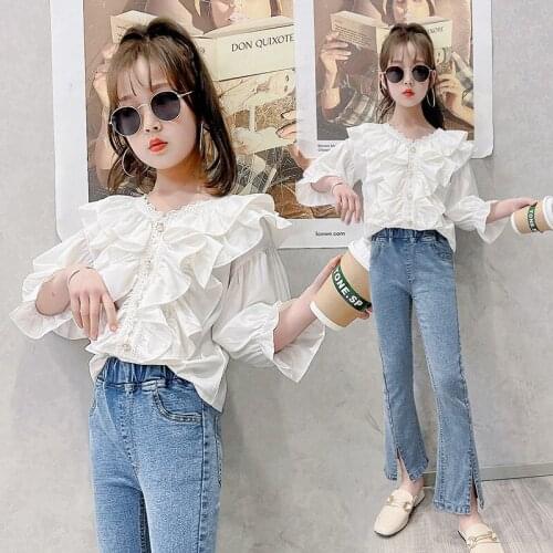 School Kids Outfit Girl Clothing Sets Short Sleeve Blouse + Denim Pants 2Pcs for Teenager Girls Casual Clothes Suit 4 7 8 9 14Y