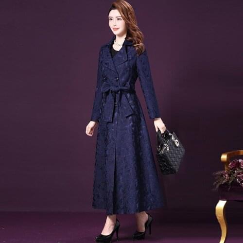 Elegant Jacquard Fabric Trench Coat Spring Autumn Women Lapel Double-Breasted Long Overcoat Female Windbreaker With Belt