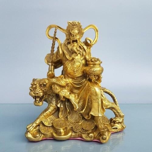 Home 9" Chinese Seikos Bronze God of Wealth Buddha Statue Guan Gong Riding a Tiger Naked Holding a cornucopia Lucky fortune