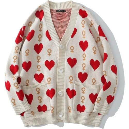 2021 Hip Hop Streetwear Knitted Sweater Men Heart Pattern Oversize Cardigan Knitted Harajuku Loose Casual Sweaters pull homme