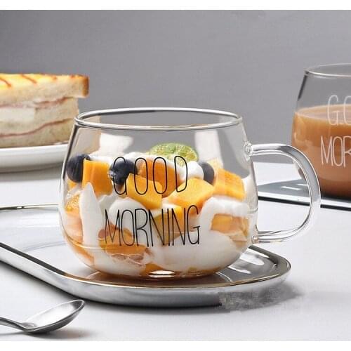 Creative Heat-resistant Glass with Handle Breakfast Cup Milk Cup Good Morning Oatmeal Cup Microwaveable Glass Cup