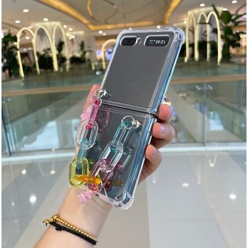Creativity DIY Cute Candy Bear Case For Samsung Galaxy Z Flip / Flip 3 Simple Rainbow Bracelet Shockproof Transparent Case