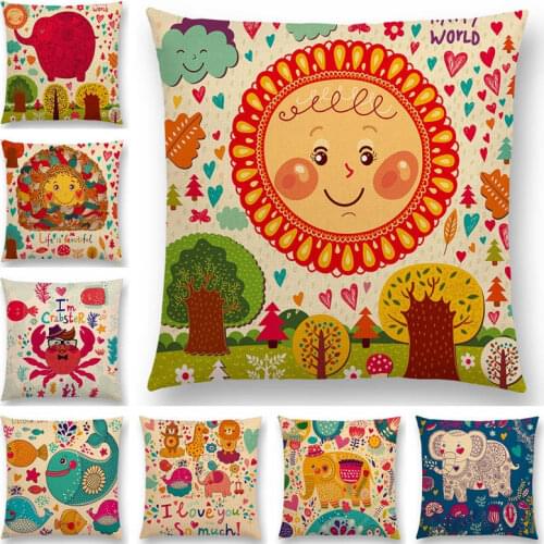 Cute Retro Cartoon Animal Kid Gift Elephant Whale Sun Crab Bear Bird Frog Flower Plant Good Cushion Cover Sofa Throw Pillow Case