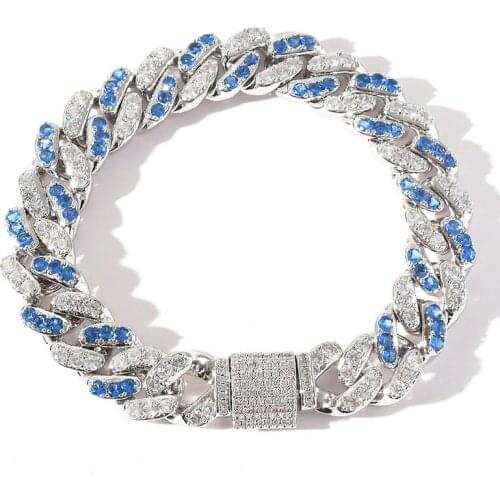 Blue White CZ Stone Paved Hip Hop Bling Iced Out Round Miami Cuban Chain Bracelets for Men Rapper Jewelry Drop Shipping