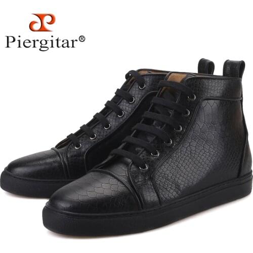 Piergitar 2019 New black colors Animal embossing Genuine Leather Men boots Handcrafted Sporty style mens sneakers black outsole
