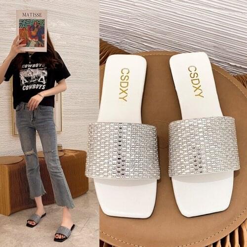 2021 Summer New Fashion Crystal Flat Women Slippers Indoor Outdoor Plus Size 35-42 Modern Ladies Slippers Slides Beach Shoes